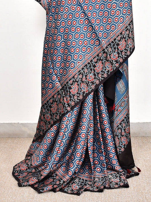 Blue Printed Ajrakh dola silk saree