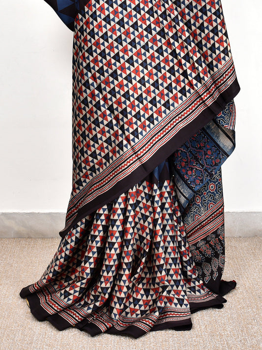 Blue Printed Ajrakh dola silk saree