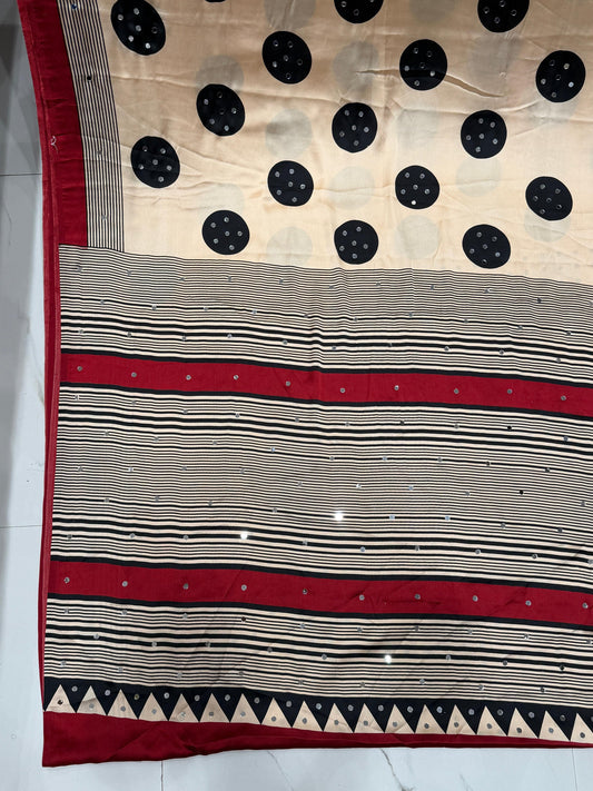 Maroon And Cream Fancy Ajrakh Real Mirror Modal Silk Saree With Blouse