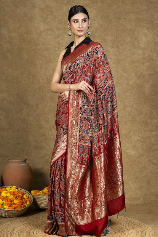 Crimson Leafy Jaal Ajrakh Dola Silk Saree