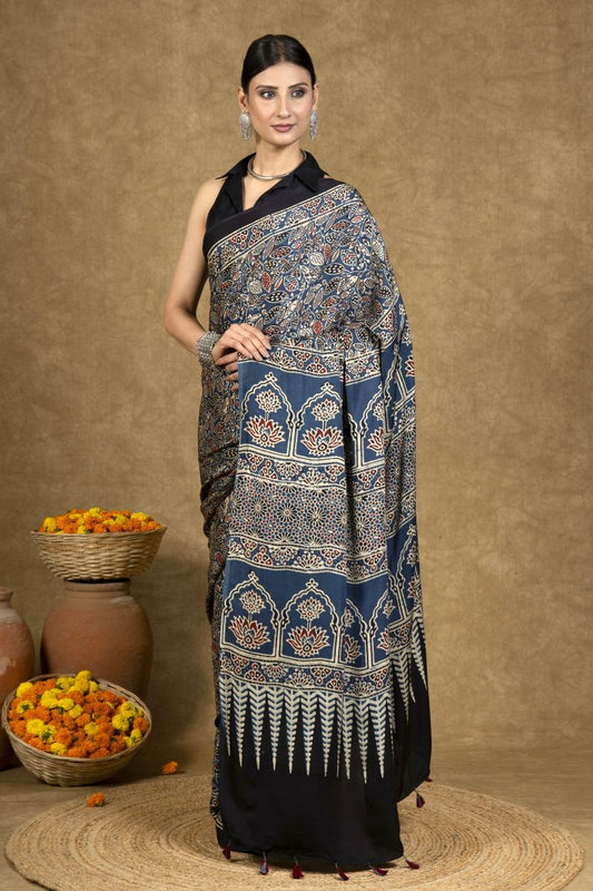 Blue Floral Jaal Ajrakh Modal Silk Saree