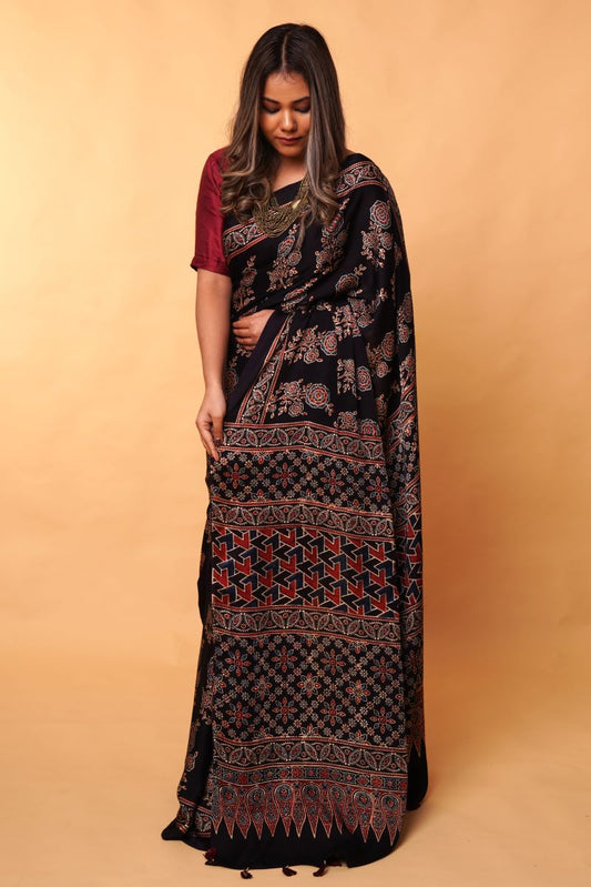 Black Flora Ajrakh Modal Silk Saree