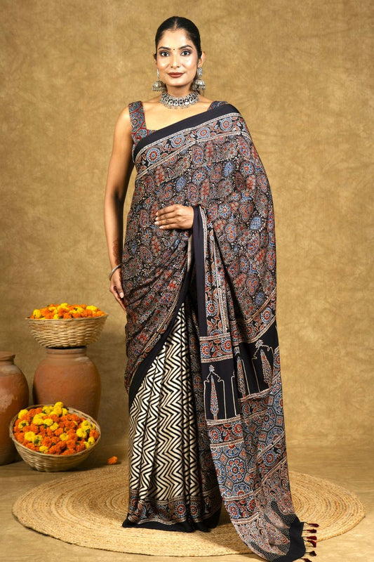 Black Chevron Jaal Ajrakh Modal Silk Saree
