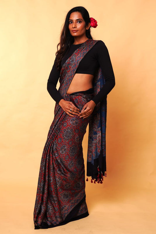 Maroon  Minkundi Ajrakh Modal Silk Saree