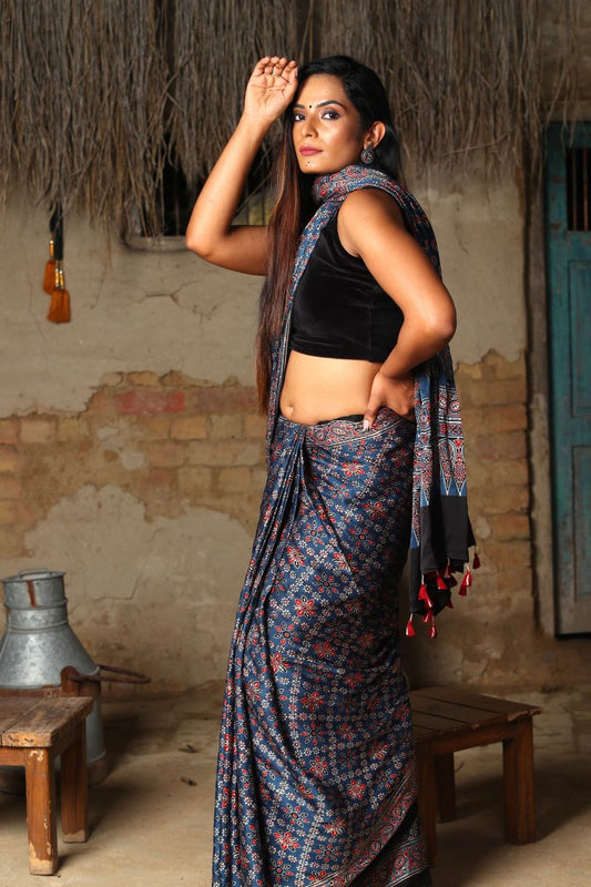 Indigo Starry Ajrakh Modal Silk Saree