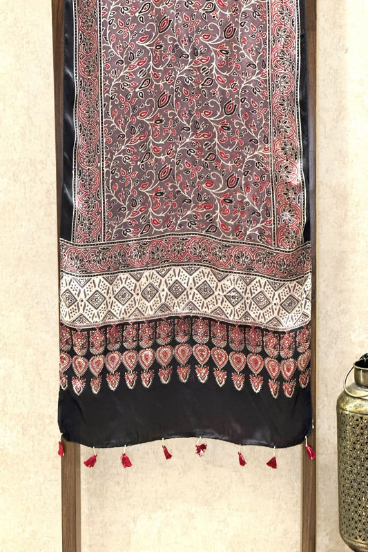 Brown Floral Modal Silk Ajrakh Stole