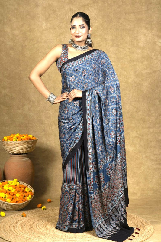 Blue Starry Stria Ajrakh Modal Silk Saree