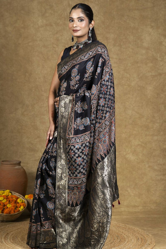 Black Flora Ajrakh Dola Silk Saree