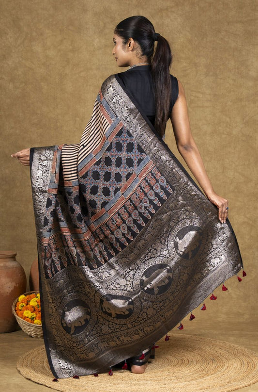 Black Stria String Dola Silk Ajrakh Saree