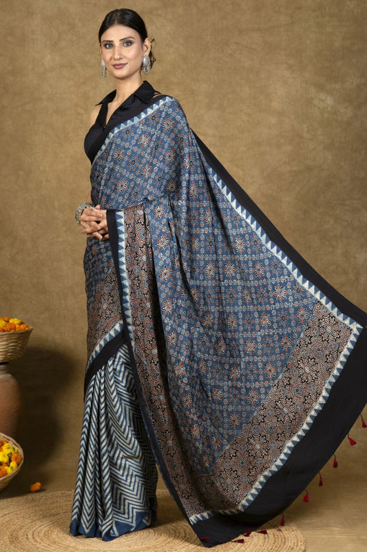 Blue Chevron Starry Ajrakh Modal Silk Saree