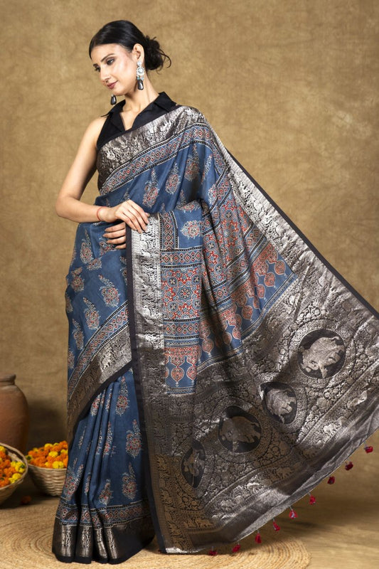 Blue Gulzar Dola Silk Ajrakh Saree