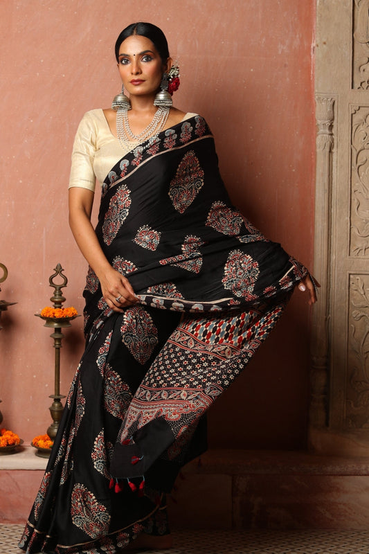 Buta Black Ajrakh Modal Silk Saree
