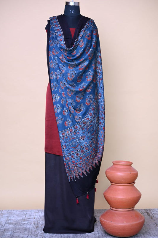 Indigo Flora Modal Silk Ajrakh Dupatta