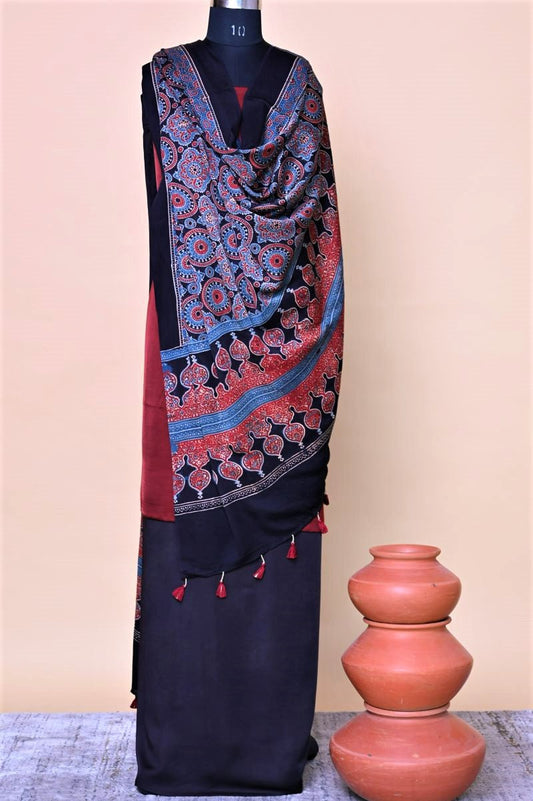 Black Indigo Spire Modal Silk Ajrakh Dupatta
