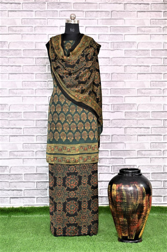 Green Kamal Pital Unstitched Modal Silk Ajrakh Print Suit