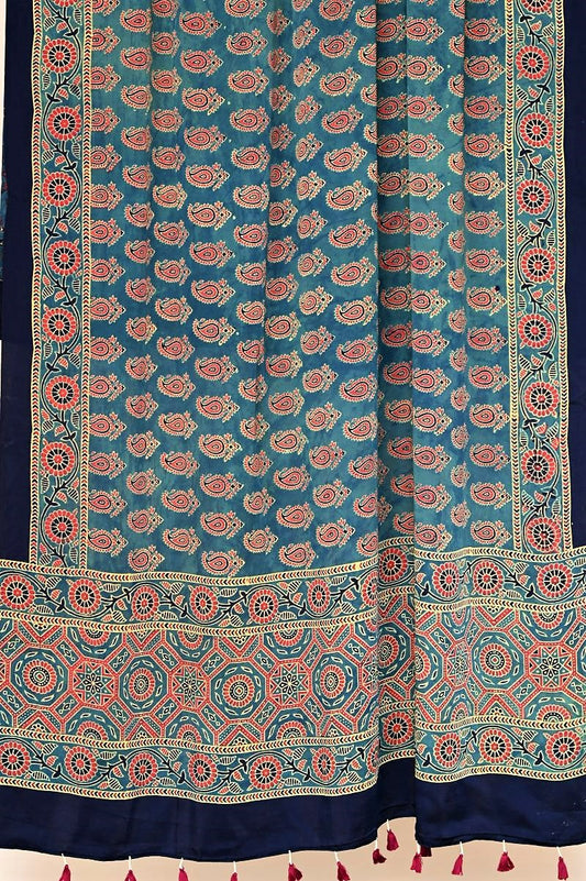 Green Paisley Modal Silk Ajrakh Dupatta
