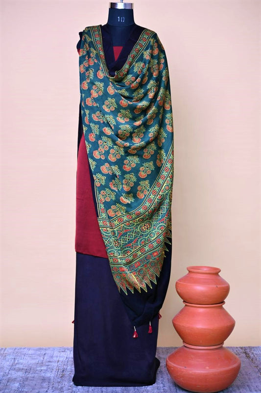 Green Flora Modal Silk Ajrakh Dupatta