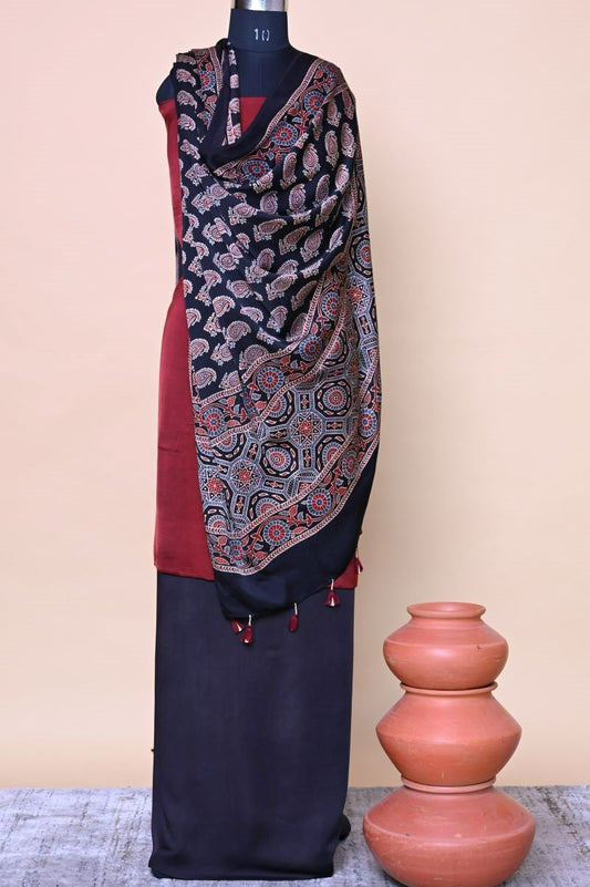 Black Paisley Modal Silk Ajrakh Dupatta