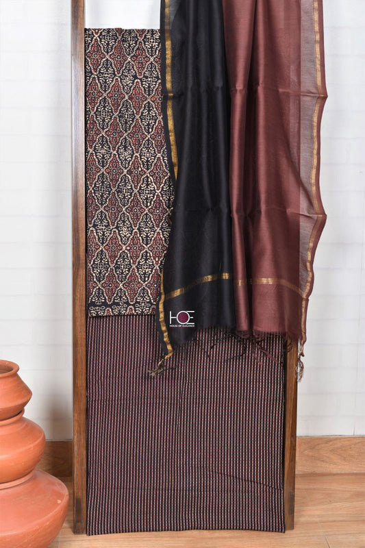 Black Eyrie Unstitched Cotton Chanderi Ajrakh Print Suit