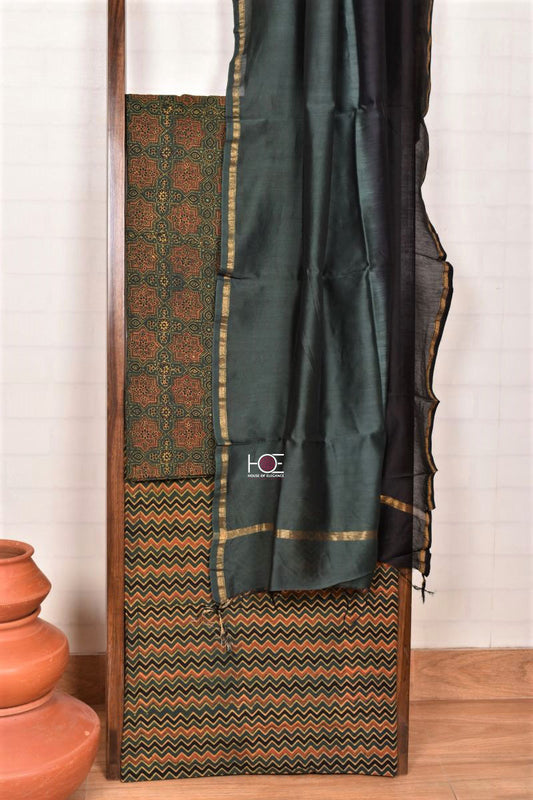 Green Minkundi Unstitched Cotton Chanderi Ajrakh Print Suit