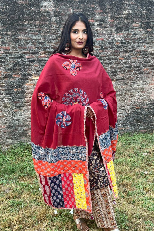 Maroon Applique Patch Work Cotton Ajrakh Dupatta