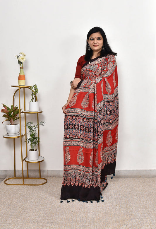 Red Ajrakh Printed Soft Gaji Silk Natural Print Saree