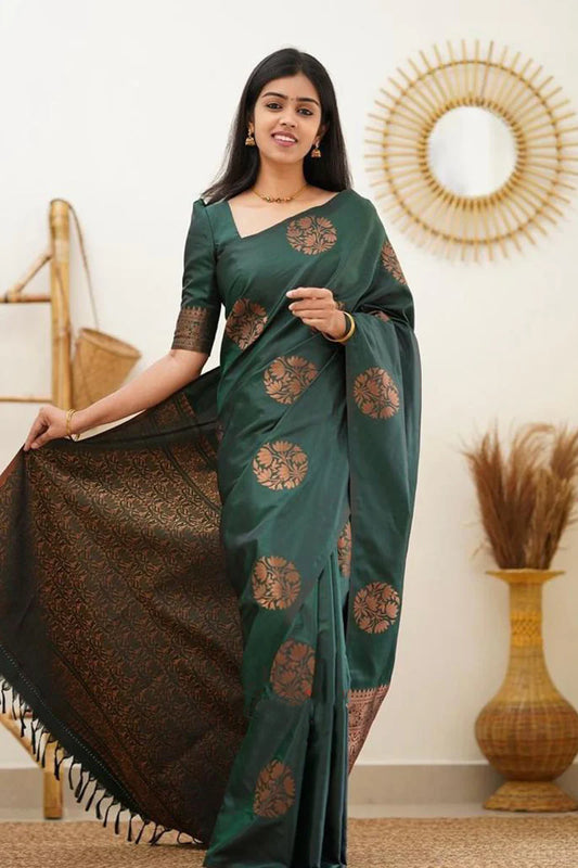 Dark Green  Soft Silk Saree With Demure Blouse Piece