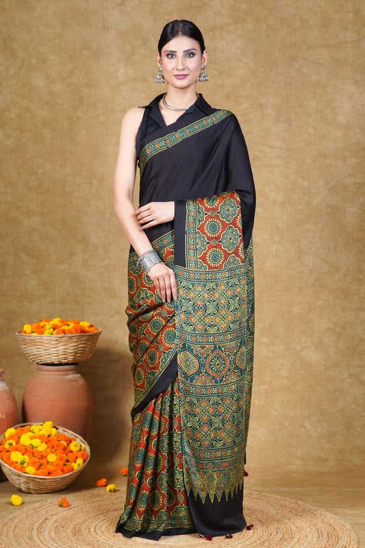 Green By Black Ajrakh Modal Silk Saree
