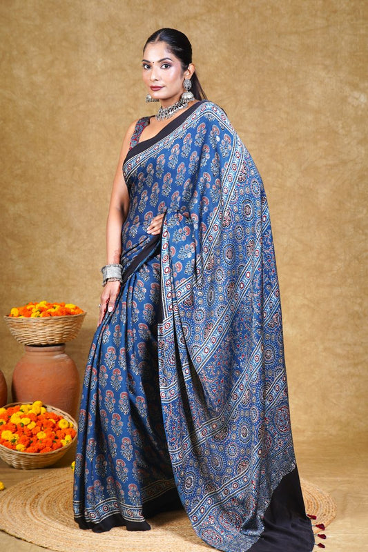 Indigo Floral Ajrakh Modal Silk Saree