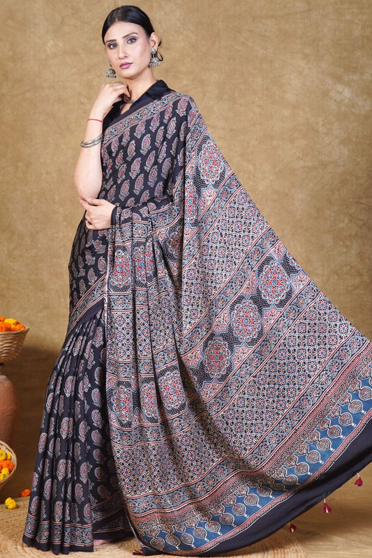 Black Paisley Ajrakh Modal Silk Saree