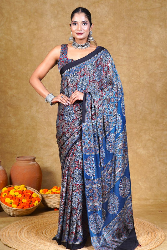 Blue Minkundi Ajrakh Modal Silk Saree