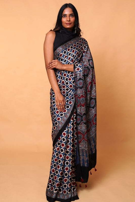 Indigo Starry Squad Ajrakh Modal Silk Saree