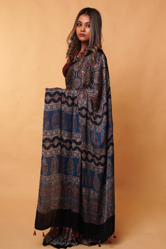 Indigo String Ajrakh Modal Silk Saree