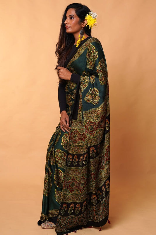 Green Ooid Floral Ajrakh Modal Silk Saree
