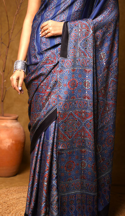 Indigo Stria Ajrakh Modal Silk Saree