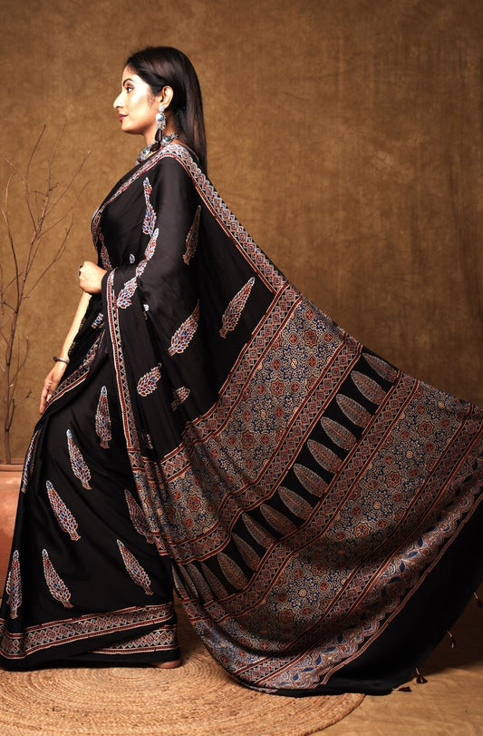 Black Pine Ajrakh Modal Silk Saree