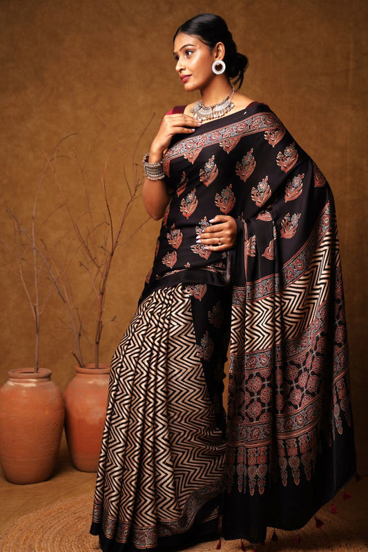Black Chevron Flora Ajrakh Modal Silk Saree