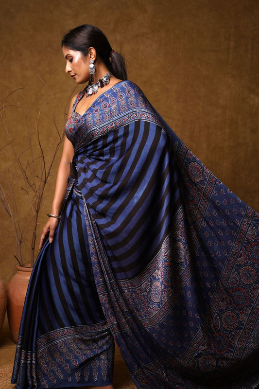 Blue Black Stria Ajrakh Modal Silk Saree