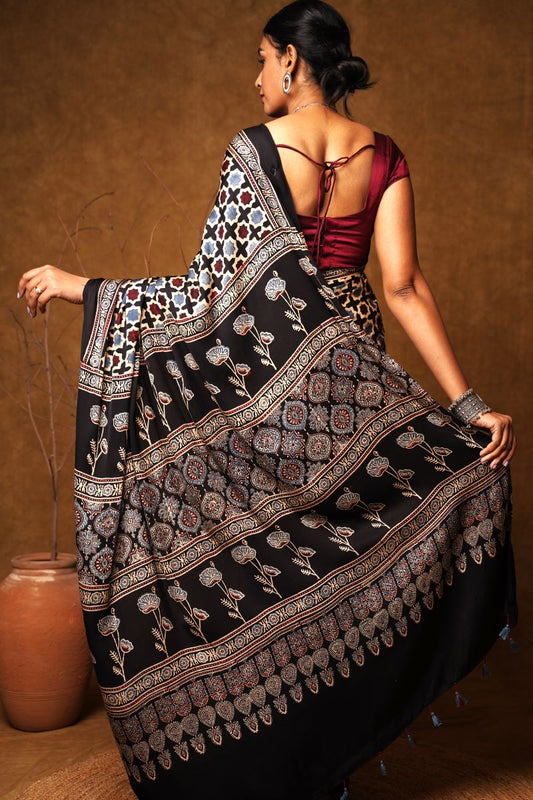 Black Starry Squad Ajrakh Modal Silk Saree