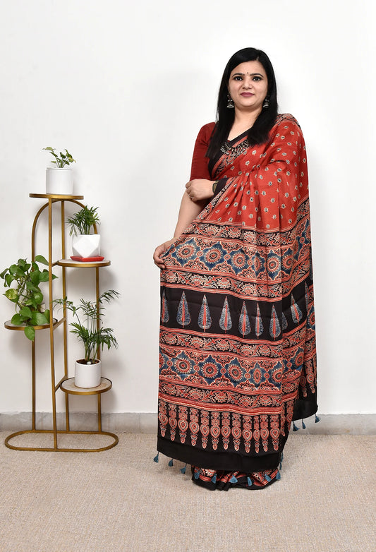 AJRAKH HANDBLOCK MODAL SILK SAREE