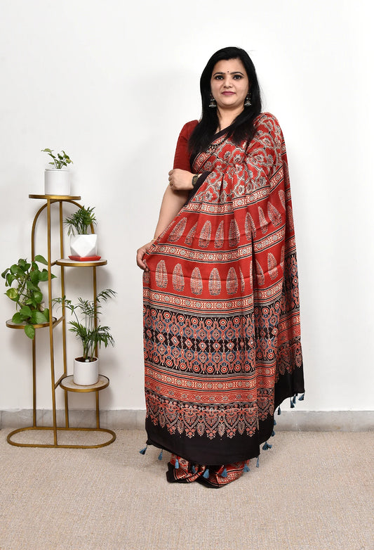 AJRAKH HANDBLOCK MODAL SILK SAREE