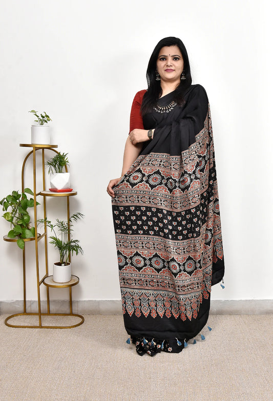 AJRAKH HANDBLOCK MODAL SILK SAREE