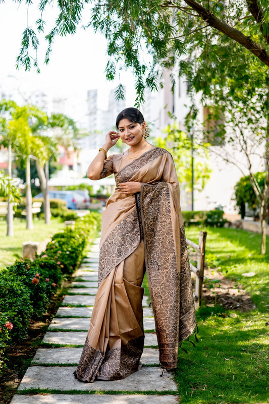 Navajo Golden Handloom Woven Raw Silk Saree With Blouse Piece