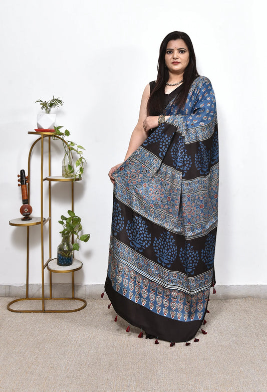 AJRAKH HANDBLOCK MODAL SILK SAREE