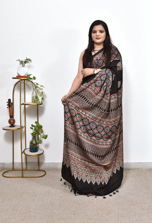 AJRAKH HANDBLOCK MODAL SILK SAREE