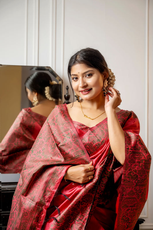 Mahogany Red Handloom Woven Raw Silk Saree With Blouse Piece