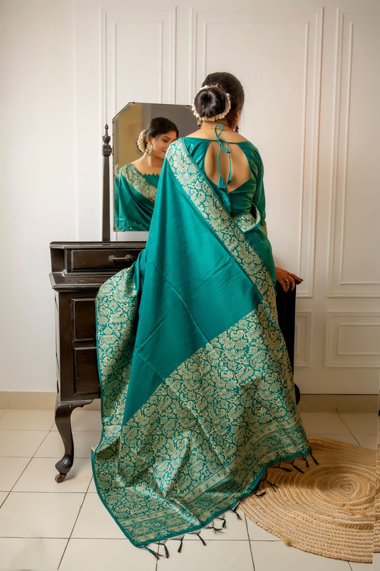 Rama Handloom Woven Raw Silk Saree With Blouse Piece