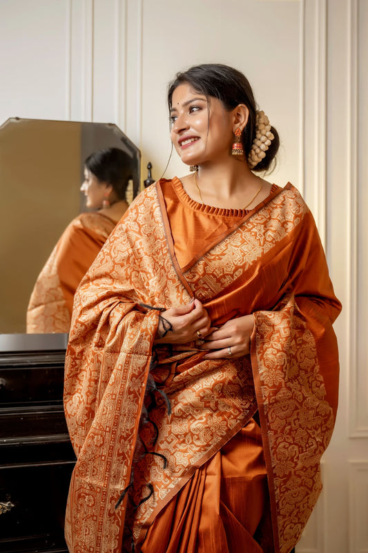 Pumpkin Orange Handloom Woven Raw Silk Saree With Blouse Piece