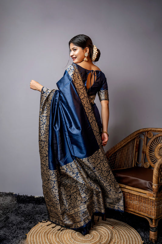 Mirage Dark Blue Handloom Woven Raw Silk Saree With Blouse Piece