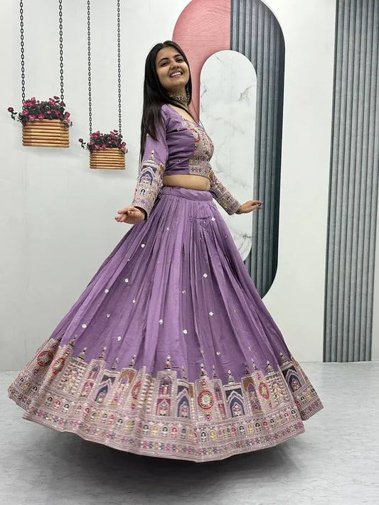 Women's Ethnic Navratri Lavender Lehenga Choli with Embroidered Blouse & Bandhani Dupatta